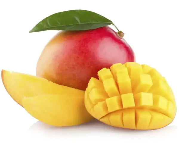 Soczysty mango z liściem, pokrojony w kostkę i plastry. Odkryj bogactwo mango składniki odżywcze.