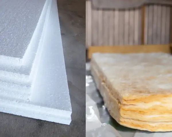 Białe płyty styropianu obok warstwowej wełny mineralnej. Wybór materiału izolacyjnego: wełna czy styropian?