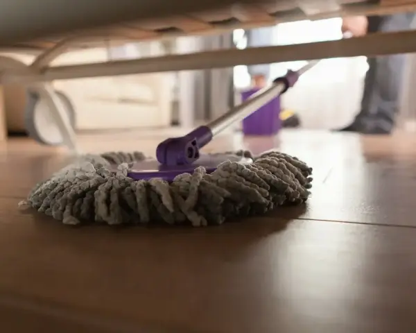 Mop pod łóżkiem, gotowy do czyszczenia paneli. W tle widać wiadro i nogi osoby sprzątającej.
