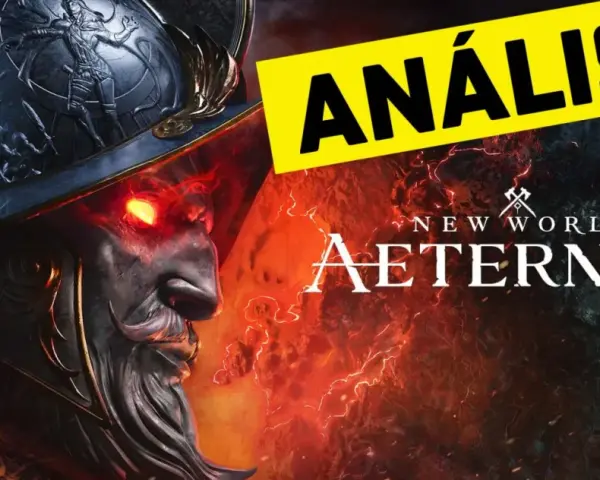 Un personaje con ojos rojos y un casco ornamentado, con el logo de New World Aeternum y la palabra "ANÁLISIS" en amarillo.