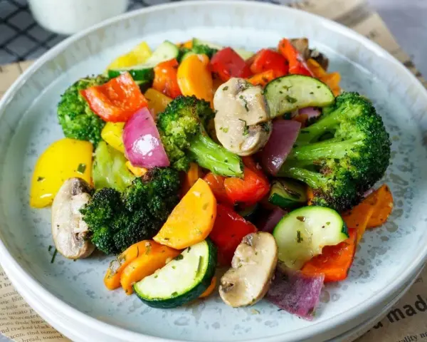 Buntes Ofengemüse mit Brokkoli, Paprika, Zucchini und Pilzen. Perfekt für leichte und gesunde schonkost rezepte.