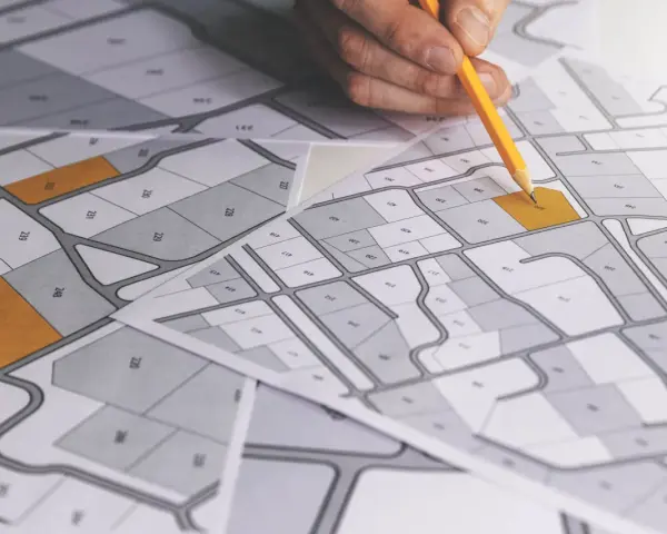 Rysunek geodezyjny z zaznaczonymi działkami, ręka z ołówkiem planuje scalenie gruntów.