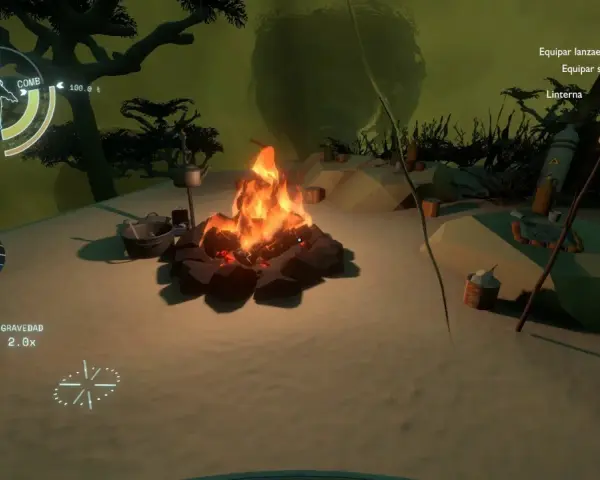 Una fogata en Outer Wilds, con un HUD que muestra la duración de la aventura. El jugador se prepara para explorar.
