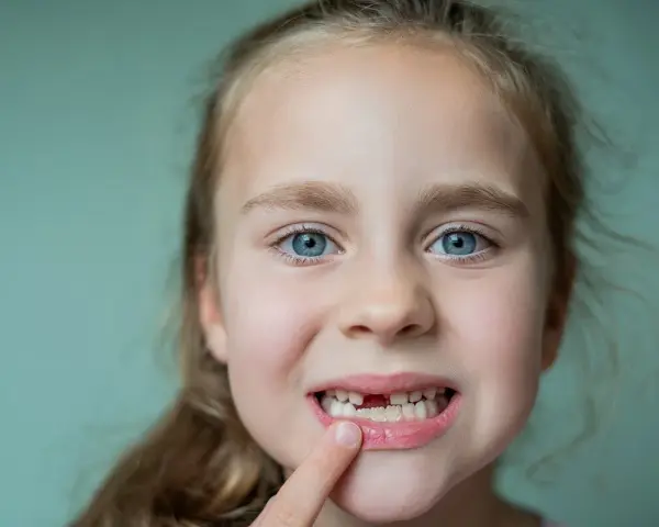 Uśmiechnięta dziewczynka z niebieskimi oczami pokazuje palcem lukę po wypadającym zębie.
