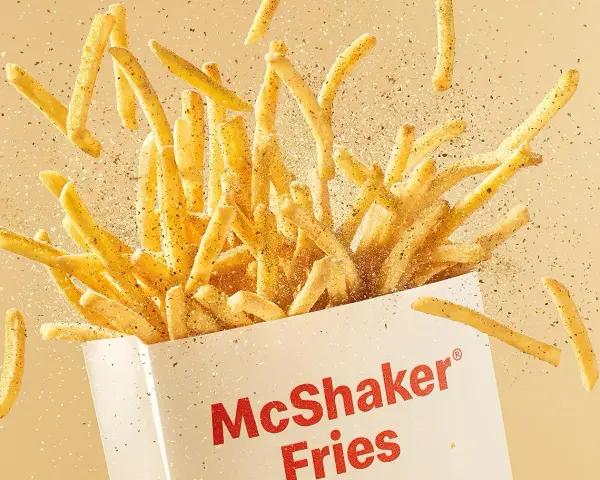 McShaker Fries wysypujące się z pudełka, posypane przyprawami.