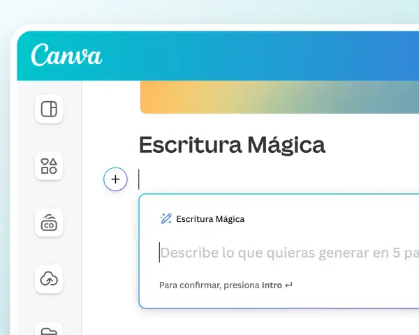 Interfaz de Canva con la función "Escritura Mágica" activa. Un sitio para escribir ideas y generar contenido.