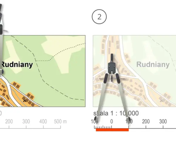 Dwa fragmenty mapy z miejscowością Rudniany, porównujące skalę. Cyrkiel pokazuje tolerancję symetrii w pomiarach.