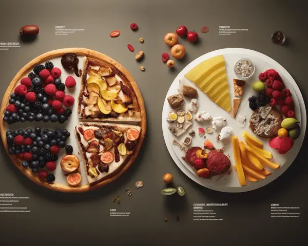 Två runda fat med olika platillos de comida. Ett fat har bär och fruktpajer, det andra har ost, frukt, pommes frites och charkuterier.
