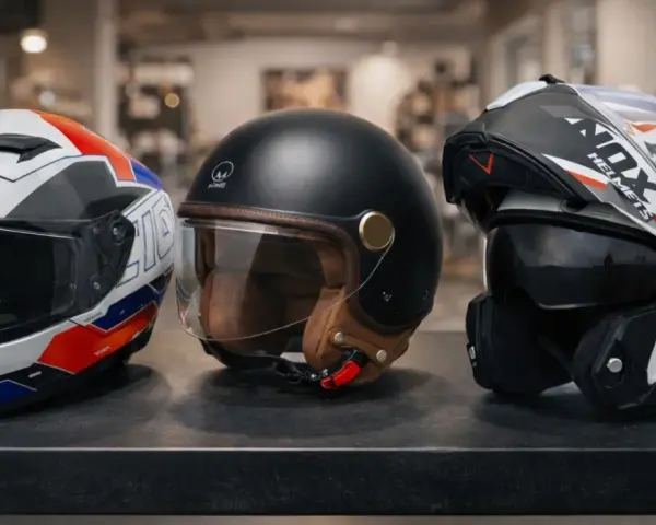 Tre caschi da moto in primo piano: uno bianco con grafiche rosse e blu, uno nero stile retrò con interni in pelle, e uno bianco e nero con visiera scura. La calotta del casco è il dettaglio che cattura l'attenzione.