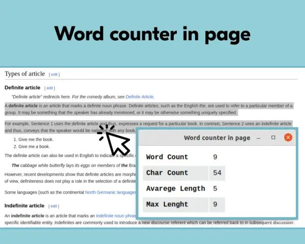 Ventana de "Word counter in page" mostrando 9 palabras por página, 54 caracteres, longitud promedio 5 y longitud máxima 9.