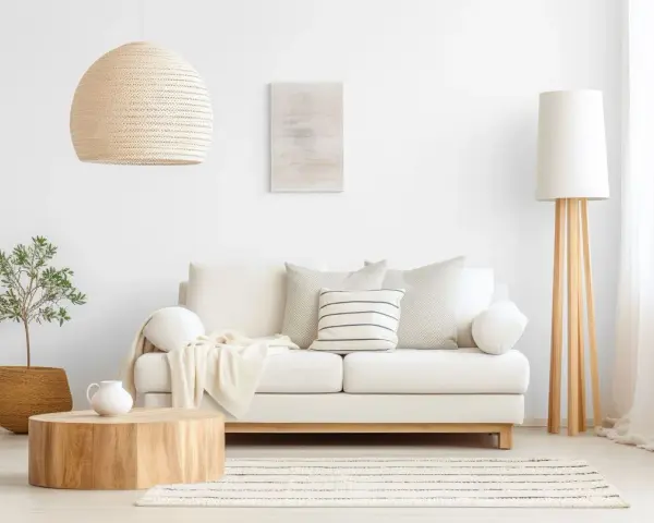 Jasny salon, gdzie kolor biały oznacza spokój i czystość. Sofa, lampa i zasłony tworzą harmonijną całość.