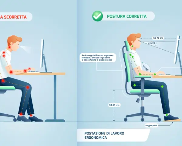 Confronto tra postura scorretta e corretta al computer. Il linguaggio del corpo è fondamentale per una postazione di lavoro ergonomica.