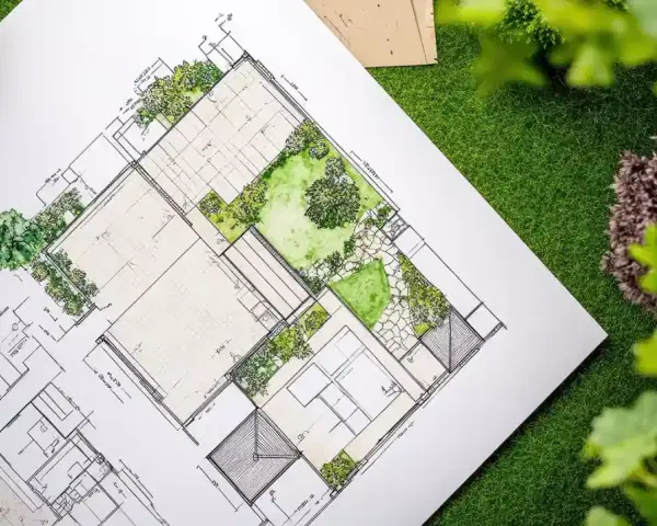 Plano detallado de paisajistas de jardines, con áreas verdes, caminos y estructuras, sobre césped artificial.