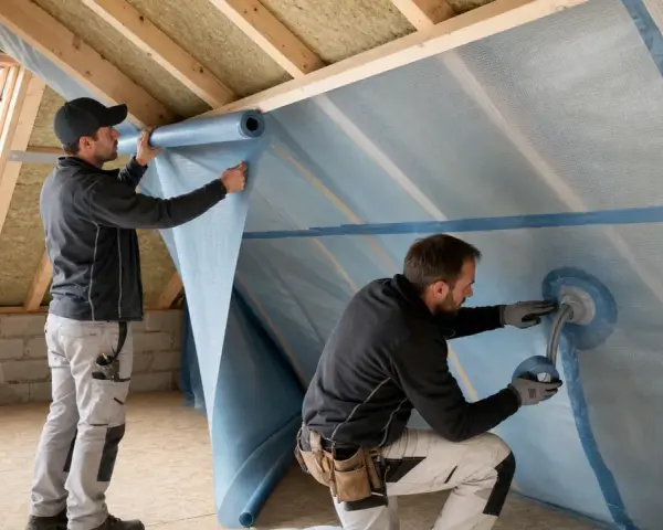 Operai installano membrana traspirante per tetto. La permeabilità al vapore dei materiali è fondamentale per l'isolamento.