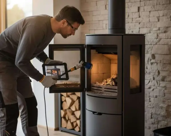 Un technicien examine un poêle à granulés Cadel avec une tablette, peut-être pour diagnostiquer un problème.