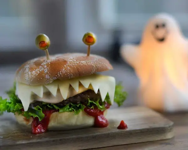 En läskig halloween hamburgare med osttänder och olivögon. En spöklampa lyser upp i bakgrunden.