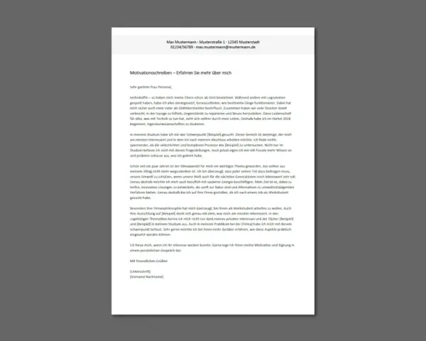 Motivationsschreiben für eine Bewerbung als Werkstudent, das technische Leidenschaft und Umweltbewusstsein hervorhebt.