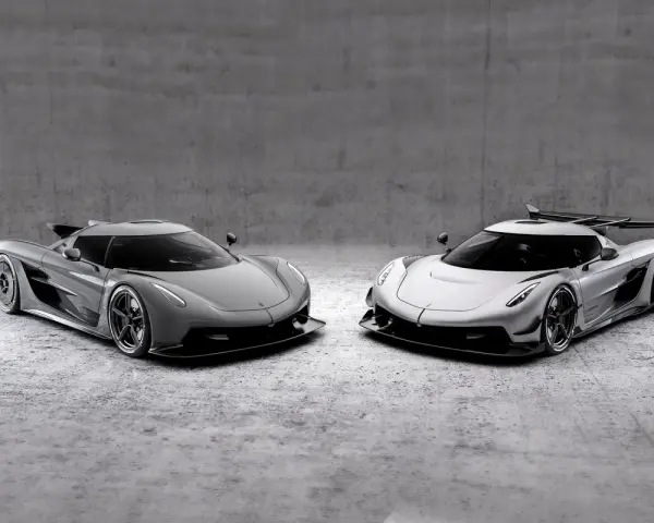 Dwa lśniące Koenigsegg Jesko, jeden szary, drugi srebrny, stoją obok siebie na betonowym tle, gotowe do wyścigu.