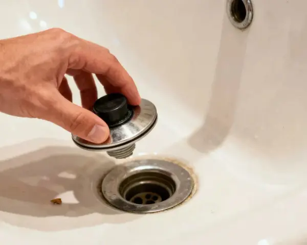 A hand holds a bathtub drain stopper, showing how to remove bathtub drain parts for cleaning or repair.