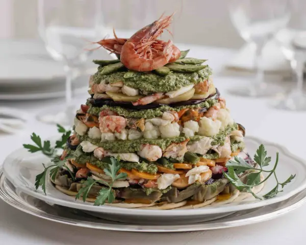 Un maestoso cappon magro a strati, con gamberi, verdure e salsa verde, guarnito con prezzemolo fresco.