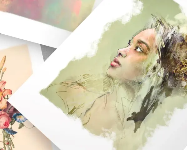 Portret kobiety i bukiet kwiatów, różne rodzaje papieru i technika malarska.