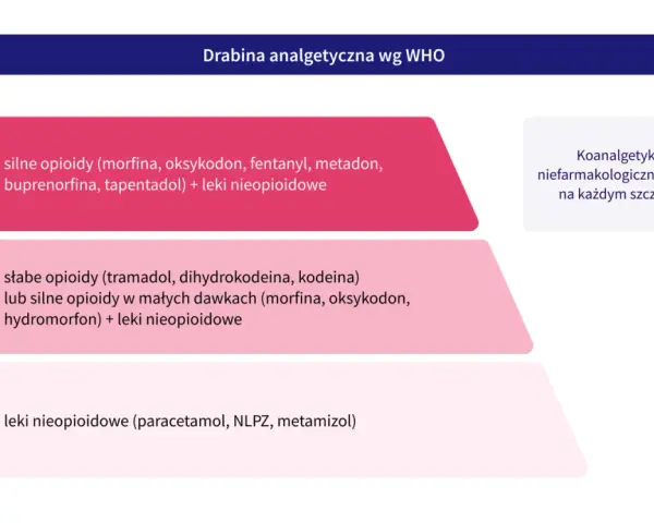Drabina analgetyczna WHO: silne i słabe leki opioidowe (morfina, oksykodon, tramadol) oraz nieopioidowe (paracetamol) stosowane w leczeniu bólu.