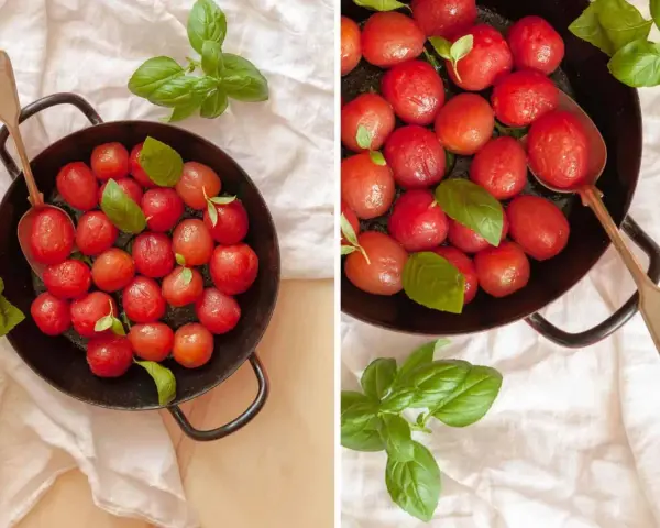 Zarte karamellisierte Tomaten mit frischem Basilikum in einer Pfanne, bereit zum Genießen.