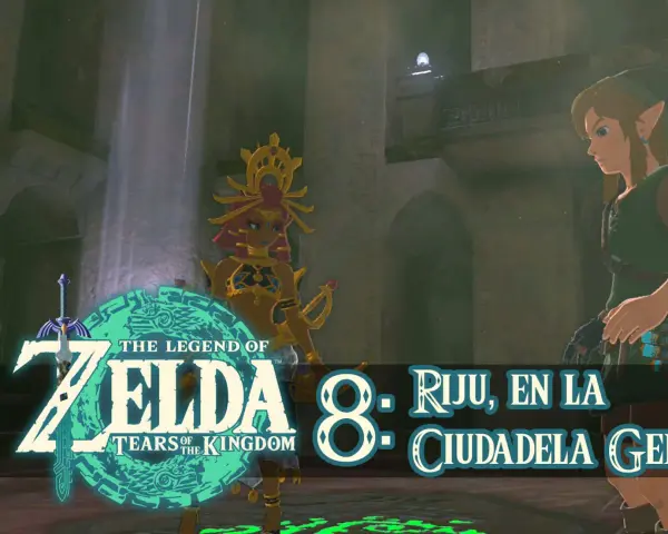 Link y Riju en la Ciudadela Gerudo, bajo un rayo de luz.