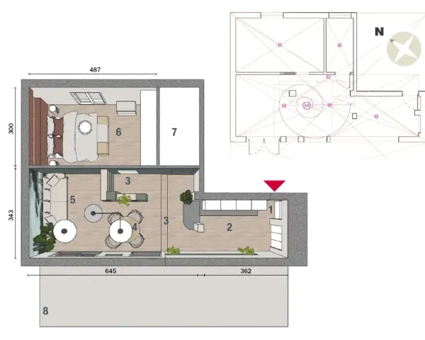 Progetto casa 50 mq: planimetria con arredi, zona giorno, notte e schema tecnico.