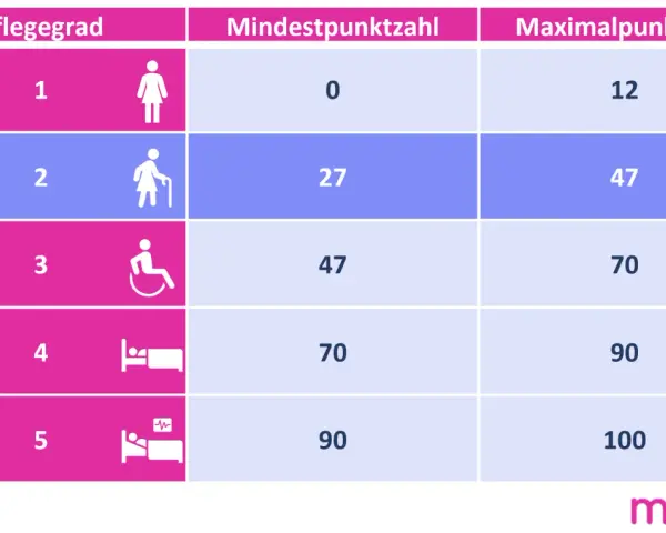 Tabelle zeigt Pflegegrade 1-5 mit Mindest- und Maximalpunktzahlen. Pflegegrad 2 umfasst 27-47 Punkte.