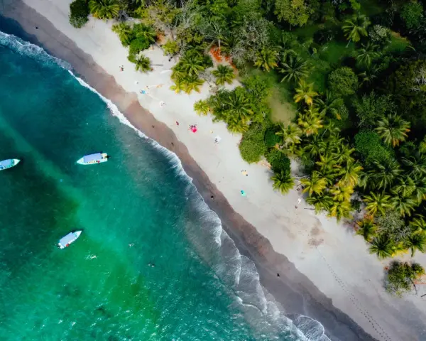Widok z lotu ptaka na tropikalną plażę z palmami, turkusową wodą i łodziami.