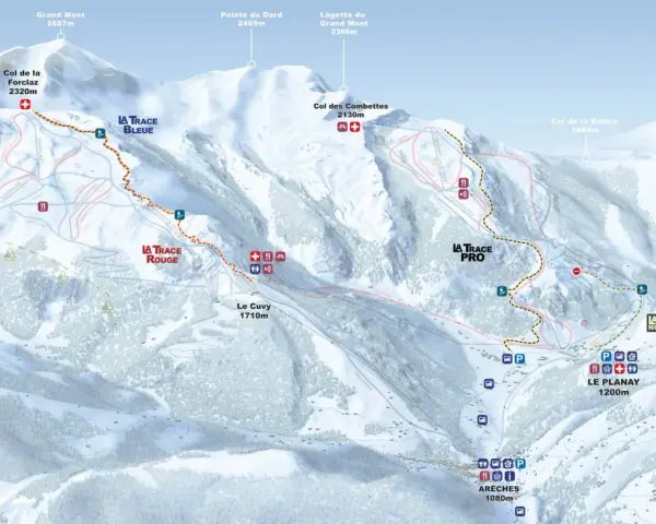 Carte des pistes de ski du massif du Beaufortain, avec les noms des sommets et des tracés de différentes couleurs.