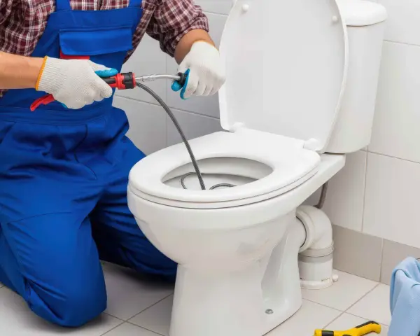 Instalator w niebieskim ogrodniczkach używa przepychacza do udrożnienia rury odpływowej WC.