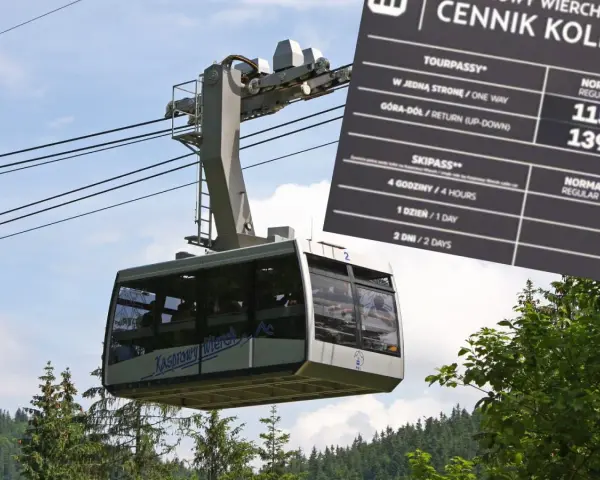 Kolejka linowa na Kasprowy Wierch. Widoczny fragment cennika z cenami biletów.
