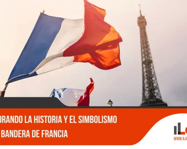 Banderas de Francia ondeando con la Torre Eiffel al fondo. El color de Francia, azul, blanco y rojo, simboliza libertad, igualdad y fraternidad.