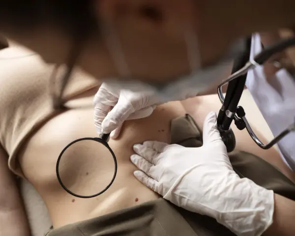 Lekarz w rękawiczkach bada pieprzyki na brzuchu pacjentki za pomocą lupy, przygotowując się do laserowego usuwania pieprzyków.