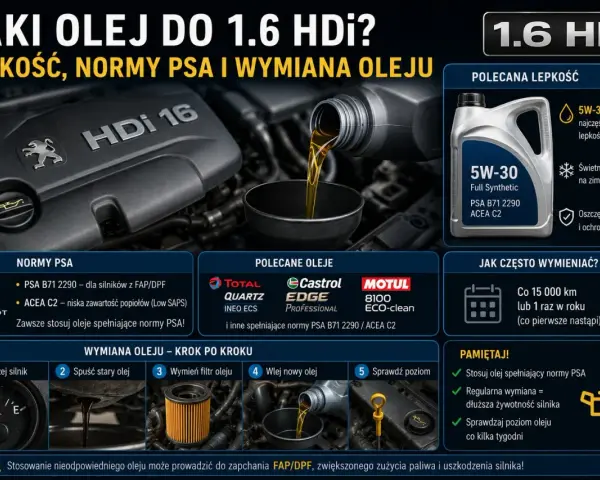 Jaki olej do 1.6 HDI 109km? Zalecana lepkość 5W-30, normy PSA B71 2290 / ACEA C2. Poradnik wymiany oleju.