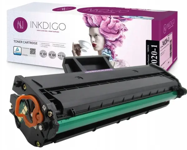 Toner do Xerox WorkCentre 3025bi, marki Inkdigo, z zielonym wałkiem i pomarańczowym zabezpieczeniem. Opakowanie z grafiką kobiety.