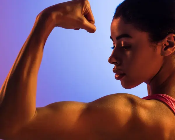 En kvinna flexar sin biceps, en demonstration av styrka och i muskelminnet.