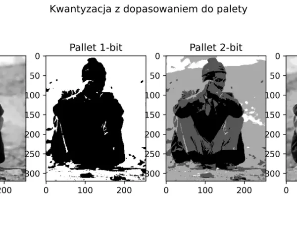 Oryginalny obraz mężczyzny siedzącego na ziemi, obok jego kwantyzowane wersje: 1-bitowa (czarno-biała), 2-bitowa (szara) i 4-bitowa. Widać, jak zredukowana paleta kolorów wpływa na szczegóły, tworząc efekt anti dither.