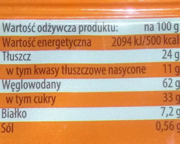 Tabela wartości odżywczych: 500 kcal na 100g herbatników. Zawiera tłuszcze, węglowodany, białko i sól.