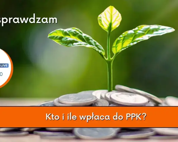 Młoda roślina wyrasta z monet, symbolizując wzrost. Temat: PPK - sprawdzam. Kto i ile wpłaca do PPK?