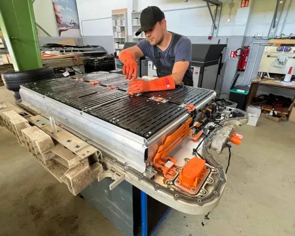 Mechaniker arbeitet an einer großen Batterieeinheit, die für Elektroautos bestimmt ist. Dies ist wichtig für die **Autobatterie Garantie**.