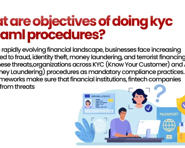 Illustration of KYC and AML procedures, showing identity verification, passports, and a person at a computer, highlighting the importance of these compliance practices.