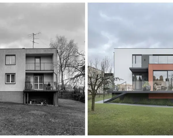 Przed i po: metamorfoza elewacji domu z lat 70-tych. Nowoczesna bryła z przeszklonymi tarasami i ceglanym akcentem zastępuje starą architekturę.