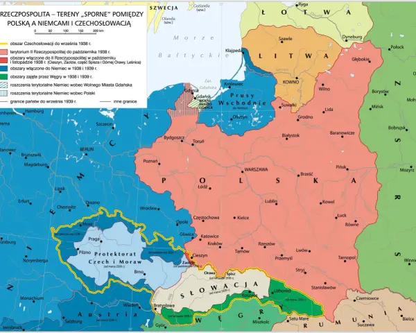 Mapa przedstawia **powierzchnię Polski w 1939** roku, ukazując tereny sporne między Polską, Niemcami i Czechosłowacją, w tym obszary zajęte przez Niemcy i Węgry.