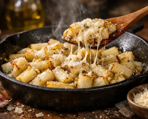 Cosses de blettes gratinées au fromage fondant, servies dans une poêle en fonte, avec de l'ail et du parmesan à proximité.
