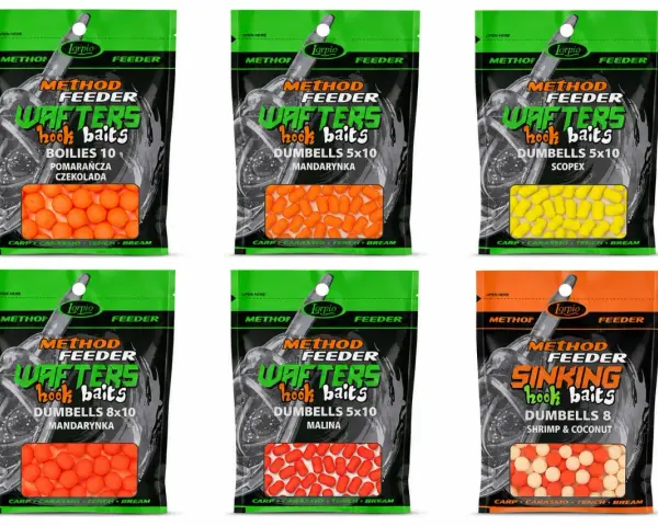 Zestaw feeder na leszcza: przynęty wafters i dumbells w różnych smakach i kolorach, idealne na karpia, leszcza i inne ryby.