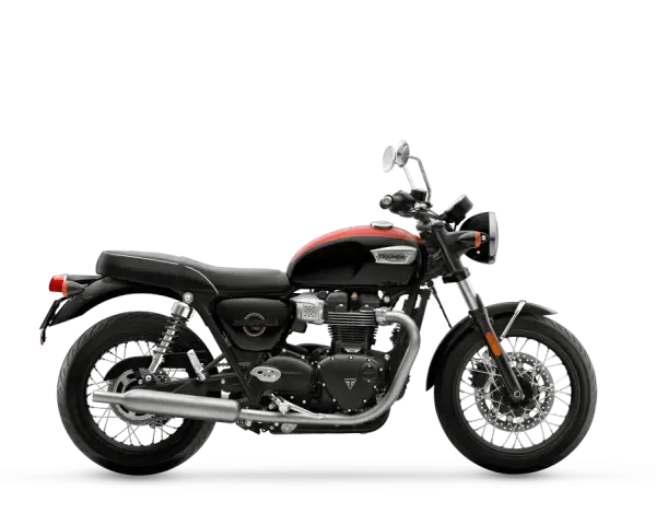 Klasyczny motocykl Triumph Bonneville T100 w czarno-czerwonej kolorystyce. Szczegółowe dane techniczne dostępne dla tego modelu.