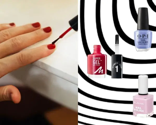 Dłoń maluje paznokcie czerwonym lakierem. Obok buteleczki lakierów: Manhattan Super Gel, OPI, Inglot Playinn. Szukasz lakieru do paznokci trwałego jak hybryda?